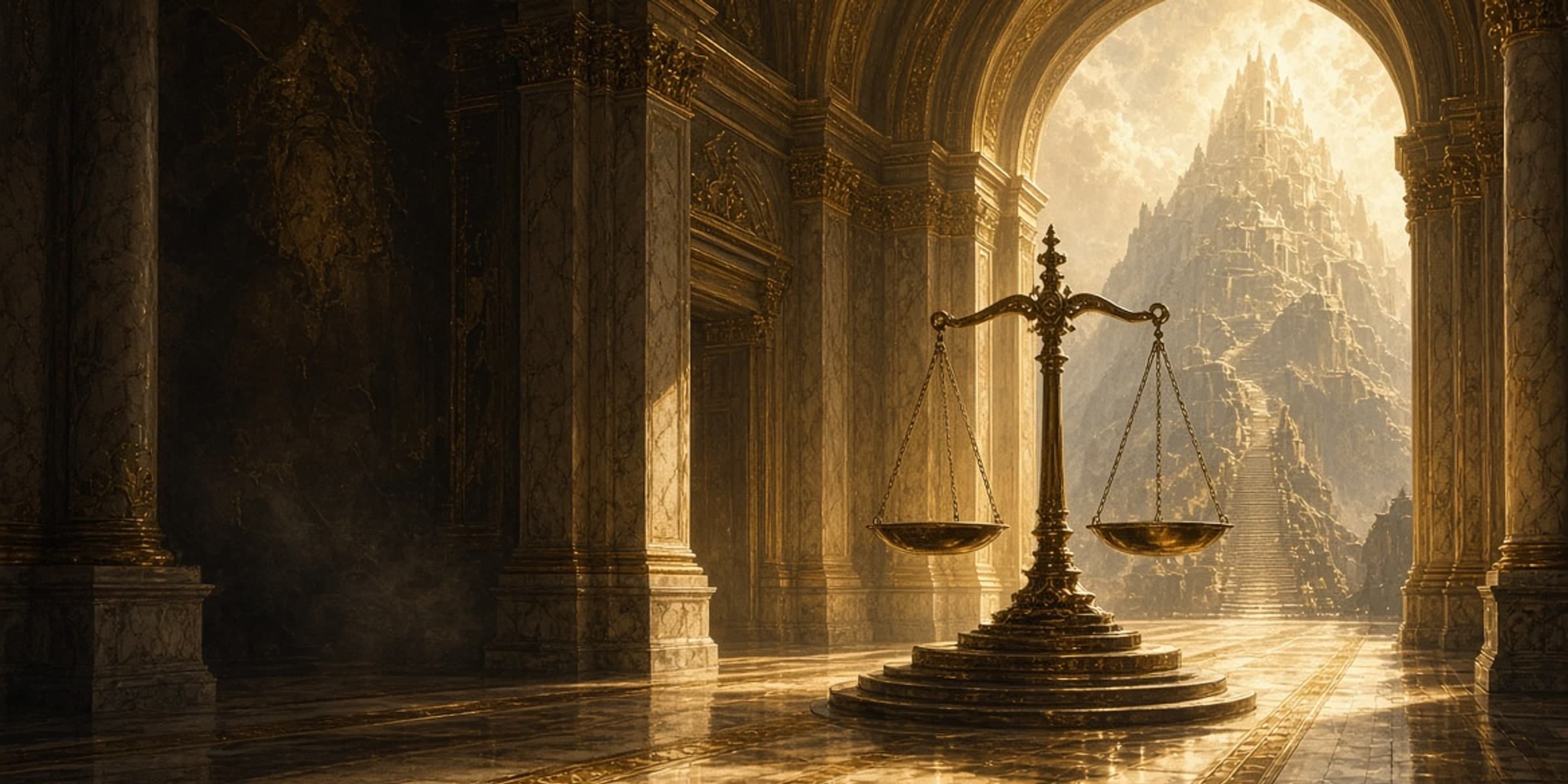 Golden scales standing before an arched doorway, with a stairway climbing a gilded mountain city — the road from prototype to exit.