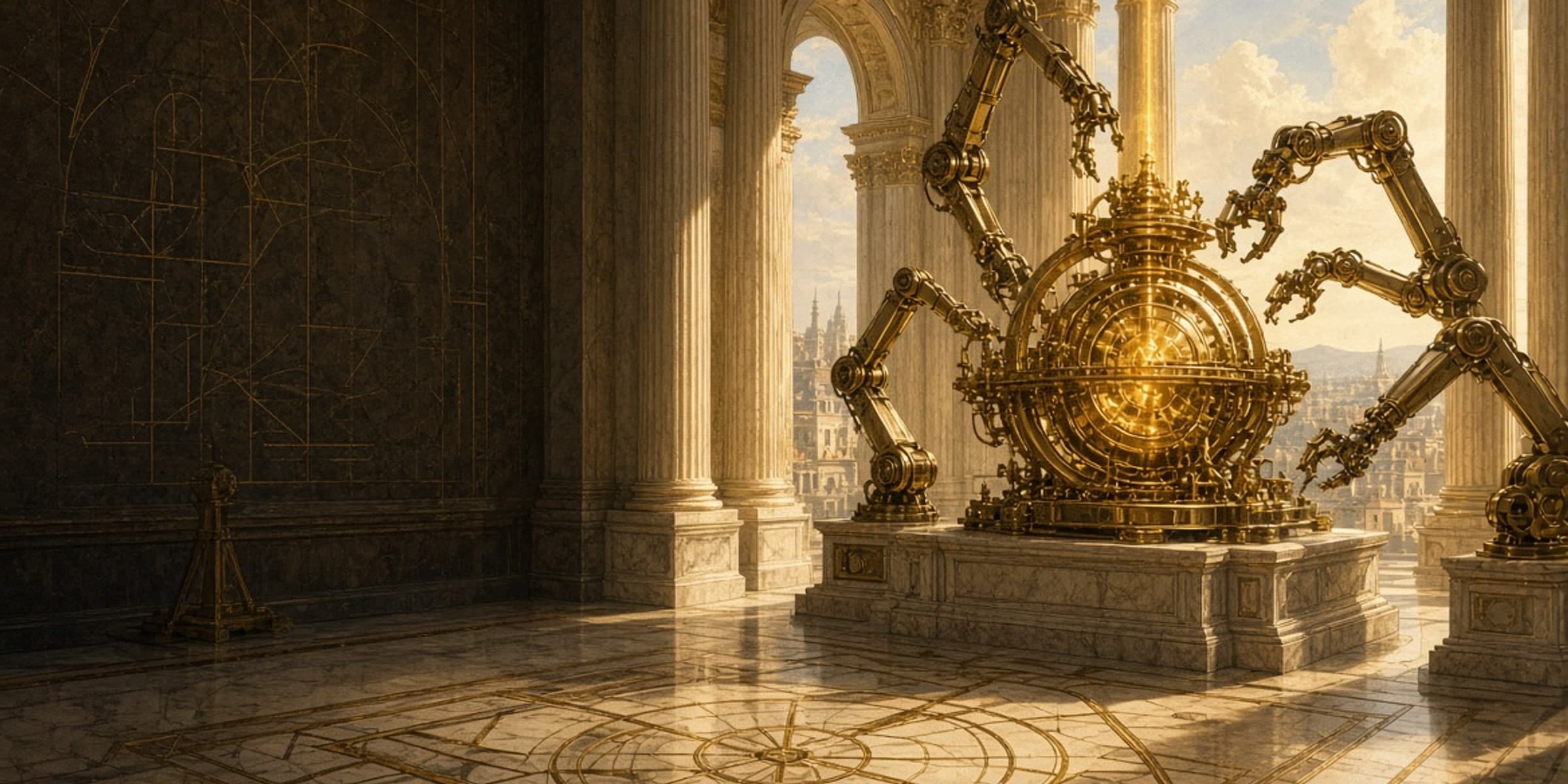 A golden engine with articulated arms being assembled in a marble gallery above a sunlit city — the Forge at work.