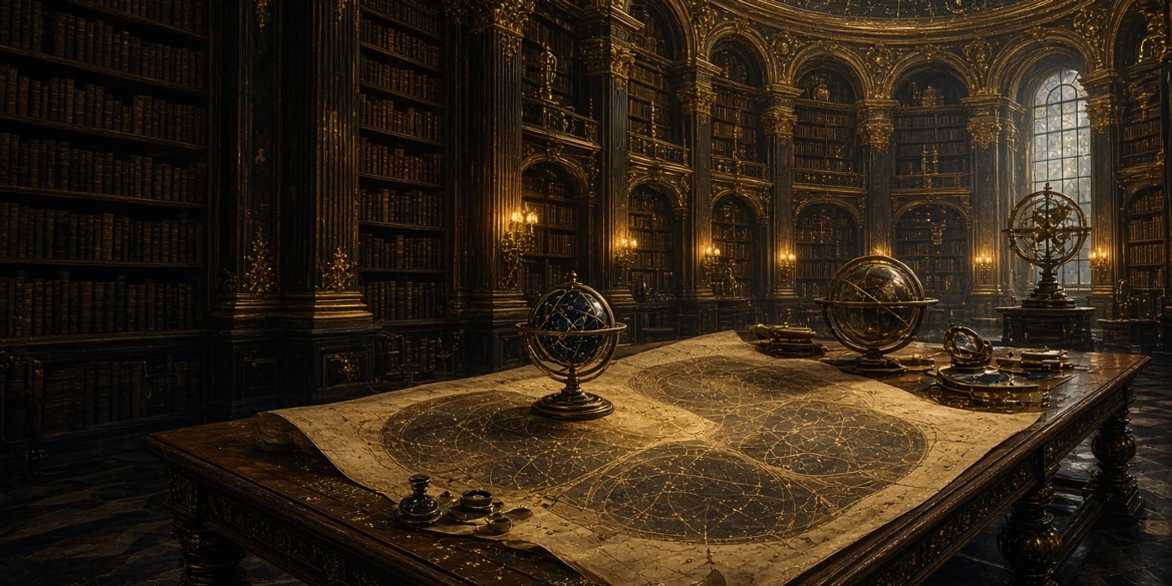 A candle-lit library rotunda with celestial globes and an armillary sphere over a star chart — the Compass room.